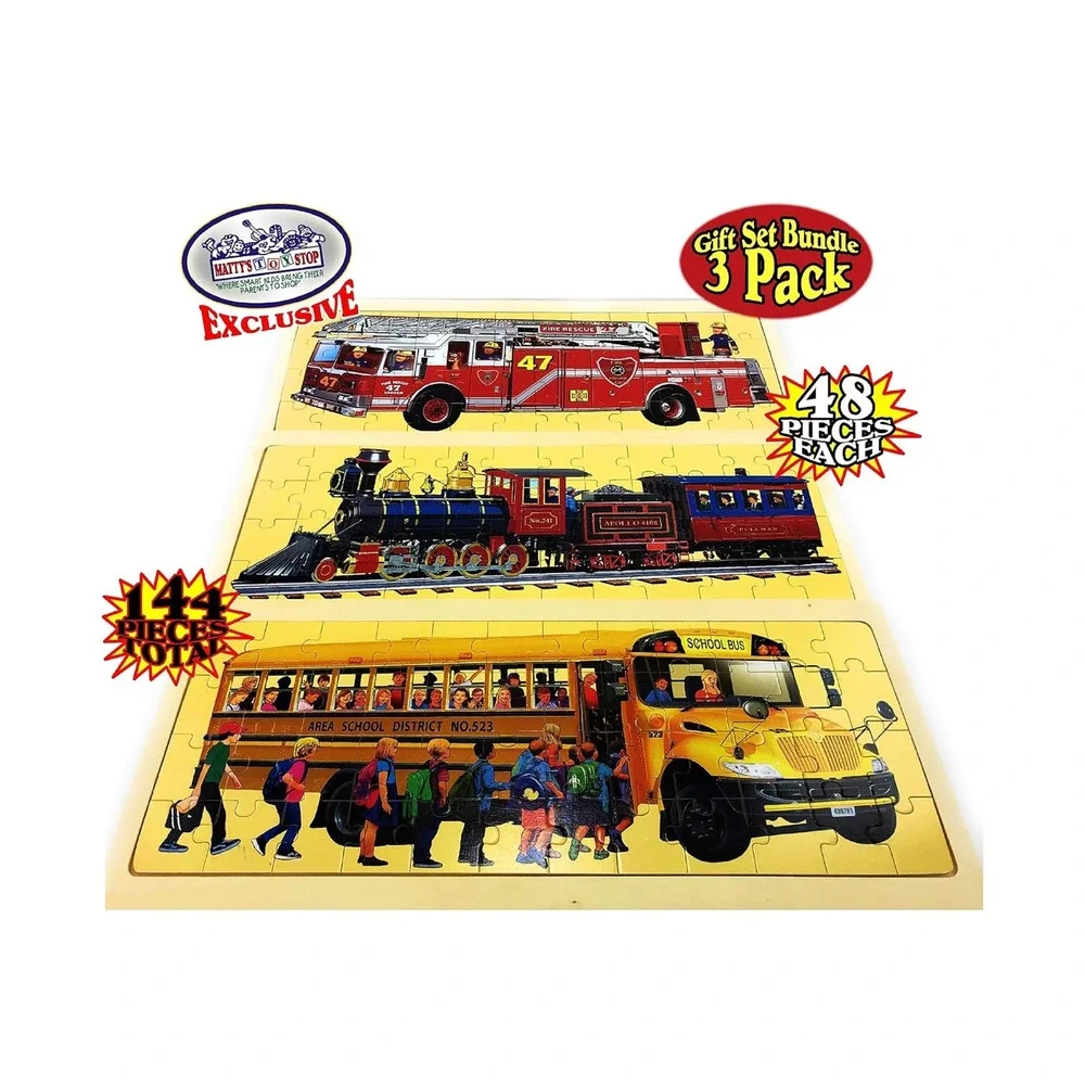 Matty's Toy Stop‎ Wooden Puzzles Gift Set Bundle 3 Pack Fire Truck Train Bus